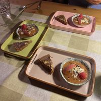 Chocolate torte and peach and raspberry mousse with almond cream and lavender seeds. Such delicate and delicious flavours!  at Bioristoro Cristo Re in Bienno