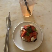 Tartlet with strawberrys and basil and a homemade ice tea with strawberry sirup out of real strawberrys   at Oh Faon in Marseille