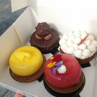 Rocher chocolate pastry, lemon tart, mango and sticky rice pastry, hibiscus pastry at Oh Faon in Marseille