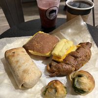 Vegan burrito, vegan deluxe, vegan scrambled, vegan spinach bite  #Veganuary at Gregory's Coffee - 8th Ave in New York City