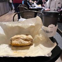 Vegan burrito and medium Fall Oat Boy at Gregory's Coffee - 8th Ave in New York City