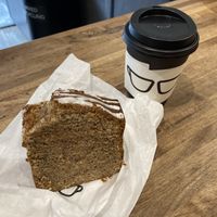 Vegan cake and oat cappuccino at Gregory's Coffee - 8th Ave in New York City