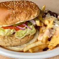 Crispy chicken sandwich with animal fries  at House of Mexica in Reno