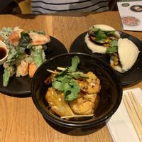 Vegetable tempura, Bang Bang Cauliflower, two fluffy asian buns stuffed with mixed mushrooms, coriander + vegan mayonnaise at Wagamama in Dorchester
