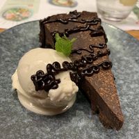 Chocolate orange cake with miso caramel ice cream  at Wagamama in Dorchester