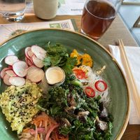 miso mixed veg hiyashi bowl with peach iced tea  at Wagamama in Exeter