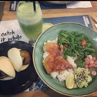 vegan suika tuna, positive juice and mixed mushroom and panko aubergine steamed buns at Wagamama - City Centre in Glasgow
