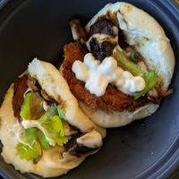 mixed mushrooms + panko aubergine hirata steamed buns at Wagamama in Livingston