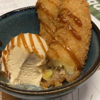 Banana fritter and ice cream  at Wagamama in Newport