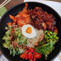 rice, hoisin seitan, kimchi, vegan egg at Wagamama in Oxford
