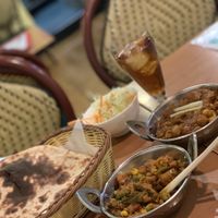 Curry set ¥1000 dinner (Roti, salad, masala curry and oolong tea) with extra vegetable curry serving ¥800 at Mirch Masala in Osaka
