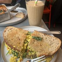 Tofu sandwich and almond dream smoothie   at Pipoca Vegan in South West London