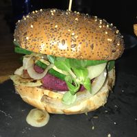 red vegan burger  at La Madriguera Craft Beer in Malaga