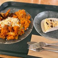 Very orange, the veg was mostly seasonal root vegetables. Raw vegan cheesecake on right. at The Green Door in Ottawa