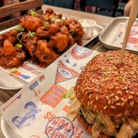 Moving mountains burger and a sharing portion of cauliflower wings at Brewdog in Cardiff