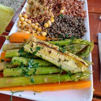 Chickpeas, lentils, red rice, carrots, asparagus at Le Comptoir Nature in Le Somail