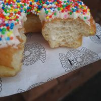 Puffy fluffy yummy, a fairy bread donut at Grumpy Donuts in Camperdown
