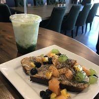 Toast with lavender matcha latte (w coconut milk) at Green Light Coffee - S Staples St in Corpus Christi
