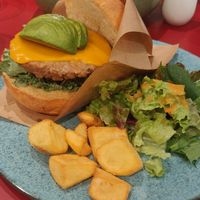 Plant based burger with vegan cheese at Cosme Kitchen Adaptation in Osaka