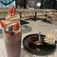 Vegan berry ice cream parfait & Vegan chocolate cake with ice cream at Cosme Kitchen Adaptation in Osaka