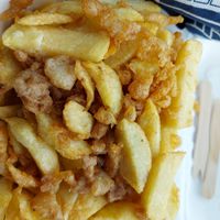 Chips and scraps at Capplemans Fish and Chips in Scarborough