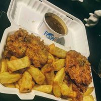Battered tofu with chips and curry sauce at Capplemans Fish and Chips in Scarborough