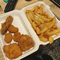 Battered LM sausage, tofu, Quorn nuggets, and chips! at Capplemans Fish and Chips in Scarborough