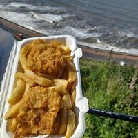 Battered tofu and chips at Capplemans Fish and Chips in Scarborough