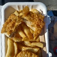 Inside battered tofu at Capplemans Fish and Chips in Scarborough