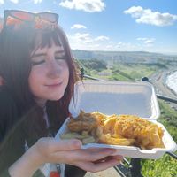 Me looking very happy with my vegan food at Capplemans Fish and Chips in Scarborough
