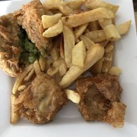 Tofish, chips & mushy pea bomb  at Capplemans Fish and Chips in Scarborough