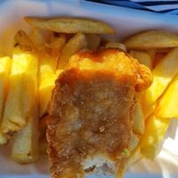 Tofu fish and chips (partly eaten).  Picture doesn't do it justice.   Very filling and very tasty. at Capplemans Fish and Chips in Scarborough