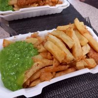 Linda Mc in batter, chips, scraps & mushies at Capplemans Fish and Chips in Scarborough