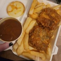 Battered tofu and chips, curry sauce side at Capplemans Fish and Chips in Scarborough