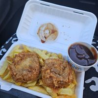Tofu, chips & gravy! at Capplemans Fish and Chips in Scarborough
