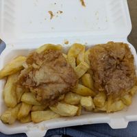 Battered tofu and chips at Capplemans Fish and Chips in Scarborough