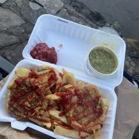 Tofu and chips + mushy peas   at Capplemans Fish and Chips in Scarborough