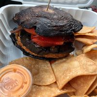 Portobello mushroom burger with tortilla chips at Valerio in Flushing