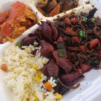 Rasta Pasta, lo mein, vegetable rice, stew and seitan and peppers! at Shandal's Vegetarian Cafe in Bridgeport