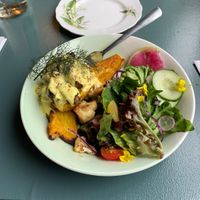 Vegan “mushroom Benny"  at Charlotte & The Quail in Victoria