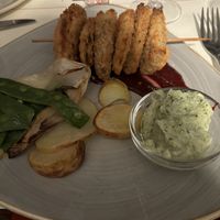 Courgette, seitan and celeriac tempura with basil mayonnaise and blackberry coulis  at Ad Forum in Aosta