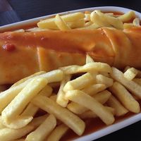 Cachorro com molho (Hotdog with francesinha sauce) at Spacos in Vila Praia De Ancora