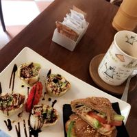 veggie rolls, croissant, and coffee with soy milk 😍 at Tea Room Beatrice in Venice