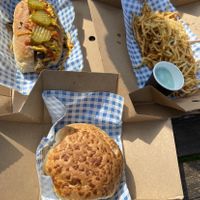 Hotdog, burger and fries at Vausages in Lichfield