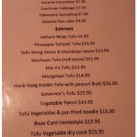 Vegan menu  at Imperial Palace in Virginia Beach
