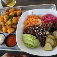 Vegan Impossible Bowl, and vegan tater tots at Heirloom Craft Kitchen in Indio