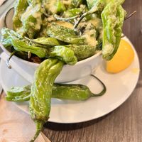 Vegan Shishito Peppers! Delish!!  at Heirloom Craft Kitchen in Indio