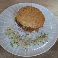 Jackfruit burger with vegan mayonnaise and, unfortunately, a lot of bun. at Lemon Tree in Kielce