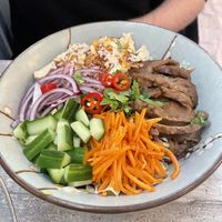 Vegan super bowl with (hidden) noodles and salad   at Banhs & Coffee in Leeuwarden