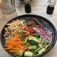 Vegan super bowl with (hidden) rice  at Banhs & Coffee in Leeuwarden